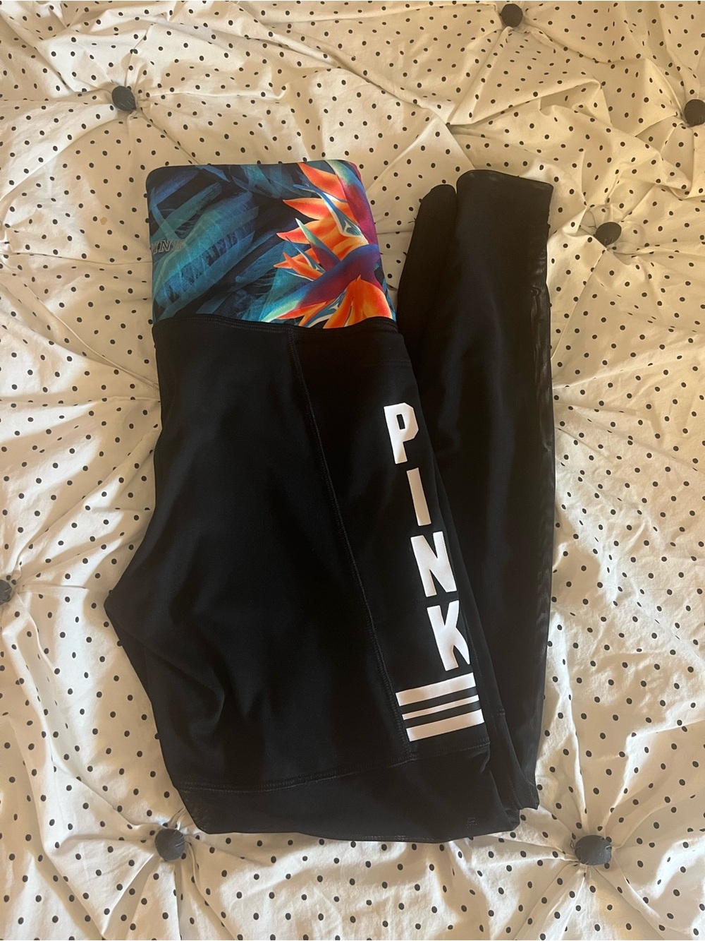 PINK Victoria's Secret Black Leggings with Tropical-Print Waistband Women’s XS
